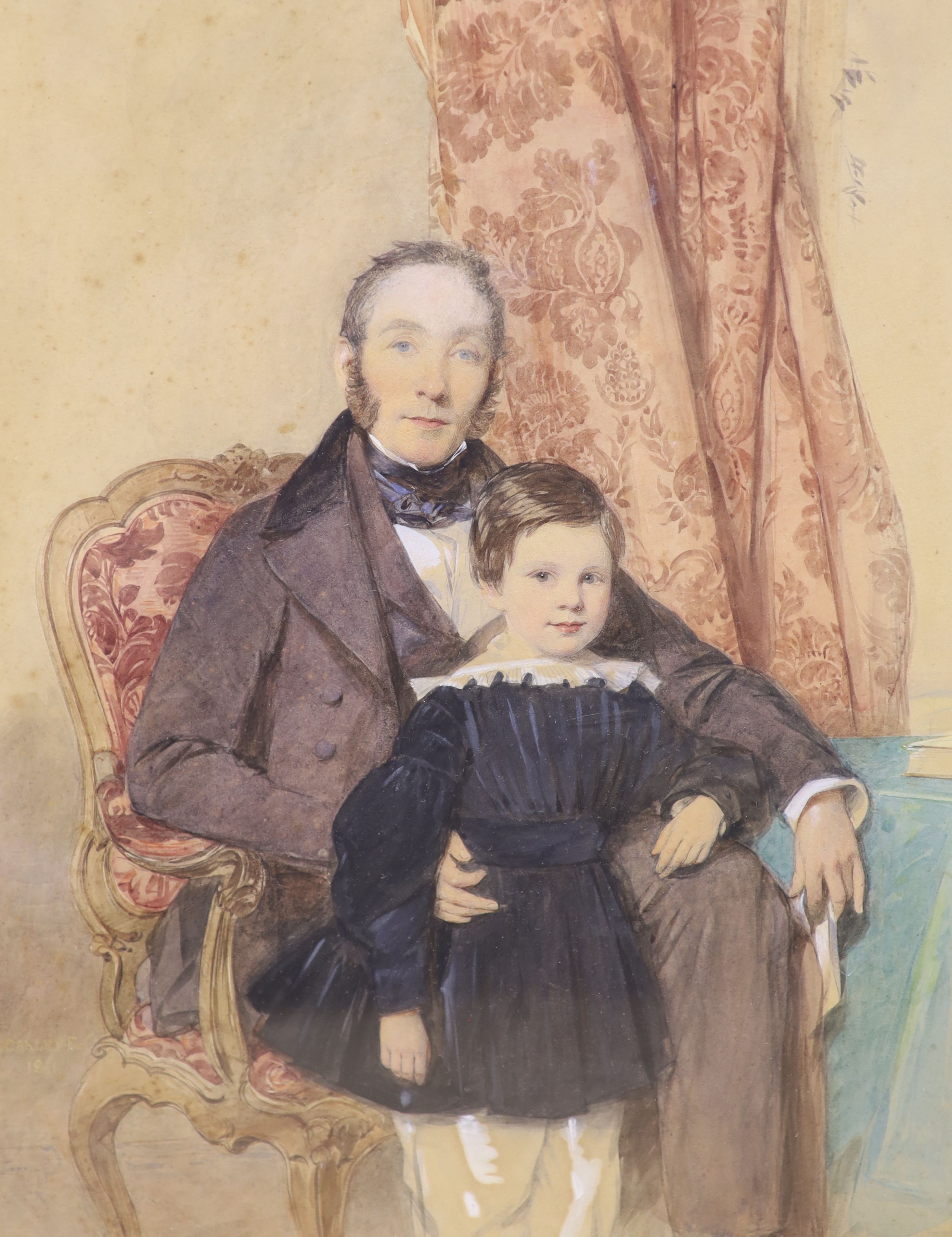 Octavius Oakley (1800-1867), watercolour, Portrait of John Ynyr Burges and Son, signed and dated 1841, 38 x 29cm